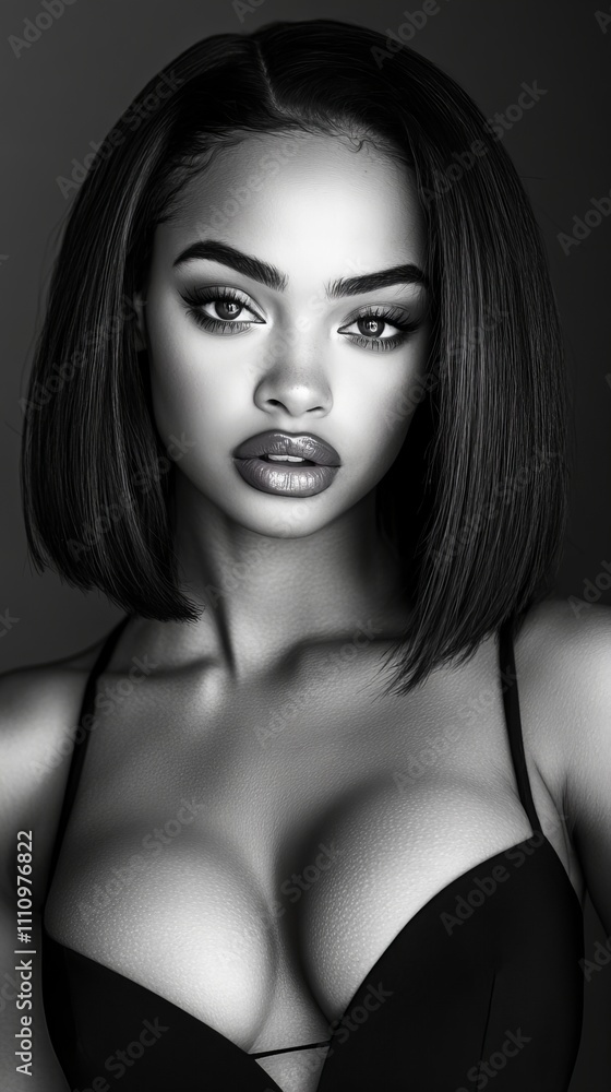 Fototapeta premium A striking young Black woman gazes intently at the camera in a black and white portrait.