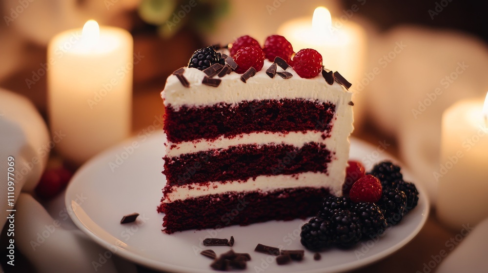Photo of, A decadent slice of red velvet cake topped with cream cheese frosting and chocolate shavings, Cake slice centered Photo of, A decadent slice of red velvet cake topped with cream cheese frosting and chocolate shavings, Cake slice centered