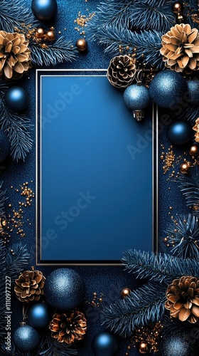 Elegant holiday decoration featuring blue and gold accents with pinecones and ornaments for festive celebrations