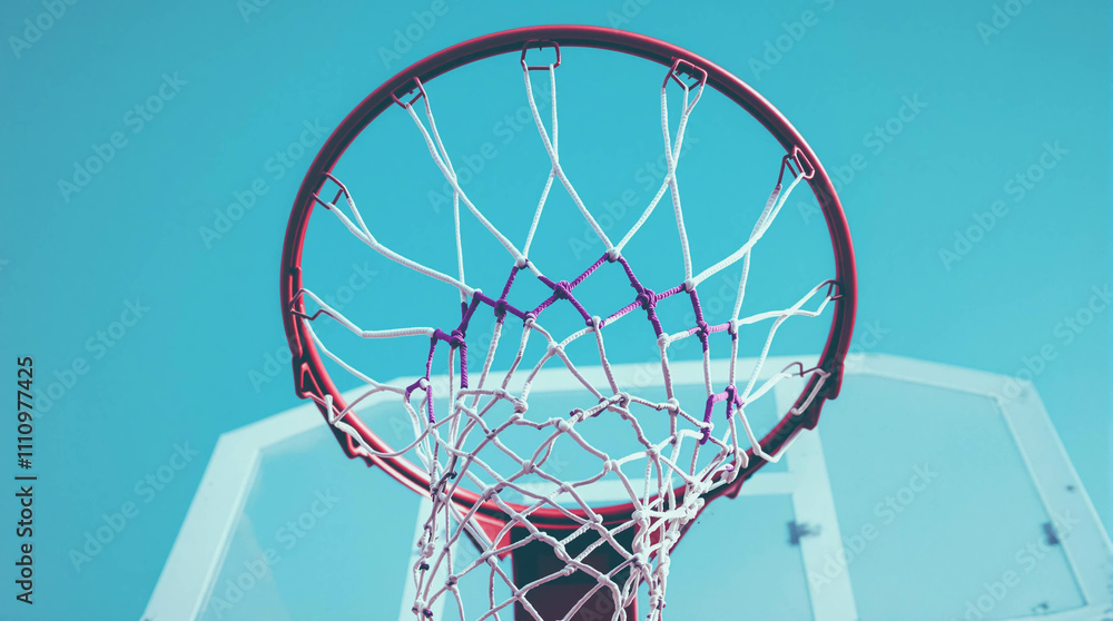 Close-up of basketball hoop and net against bright blue sky, dynamic focus Close-up of basketball hoop and net against bright blue sky, dynamic focus