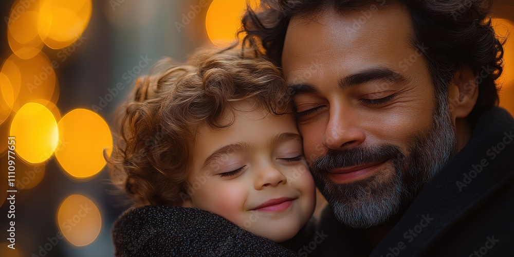 Father and child share a moment of warmth and affection during a joyful evening in a festive, illuminated street Father and child share a moment of warmth and affection during a joyful evening in a festive, illuminated street