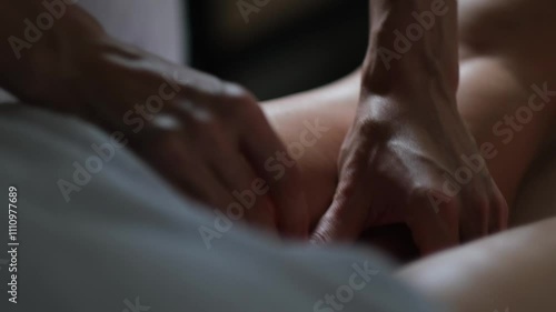 Caucasian young woman lying on massage table enjoying and relax. Female hands masseuse massaging legs of client in calm atmosphere with candles. Spa center. Healthy body care Therapeutic concept. 4K