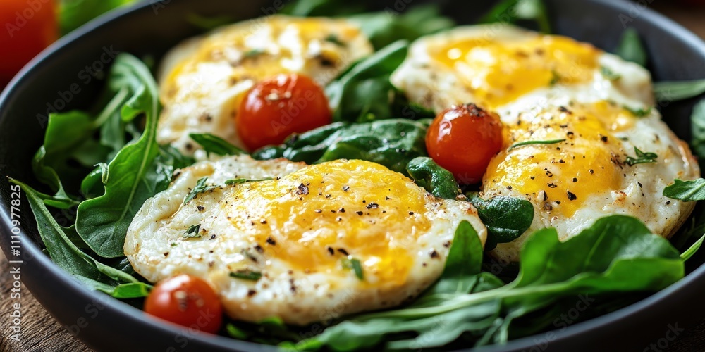 Delicious spinach and egg breakfast served in a black bowl with cherry tomatoes and herbs during a sunny morning in a cozy kitchen Delicious spinach and egg breakfast served in a black bowl with cherry tomatoes and herbs during a sunny morning in a cozy kitchen