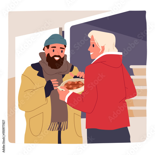 Charity and help for poor and beggar people from community, humanitarian generous aid and voluntary. Male volunteer giving plate of food to happy homeless man with beard cartoon vector illustration