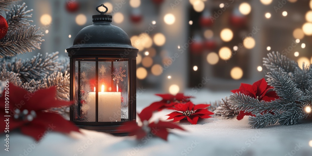 Cozy winter lantern surrounded by festive poinsettias and soft lights in a winter setting Cozy winter lantern surrounded by festive poinsettias and soft lights in a winter setting