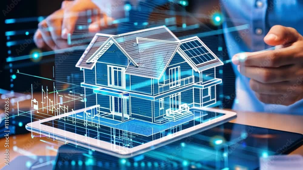 Architect showcasing tablet with holographic house project, exploring ...