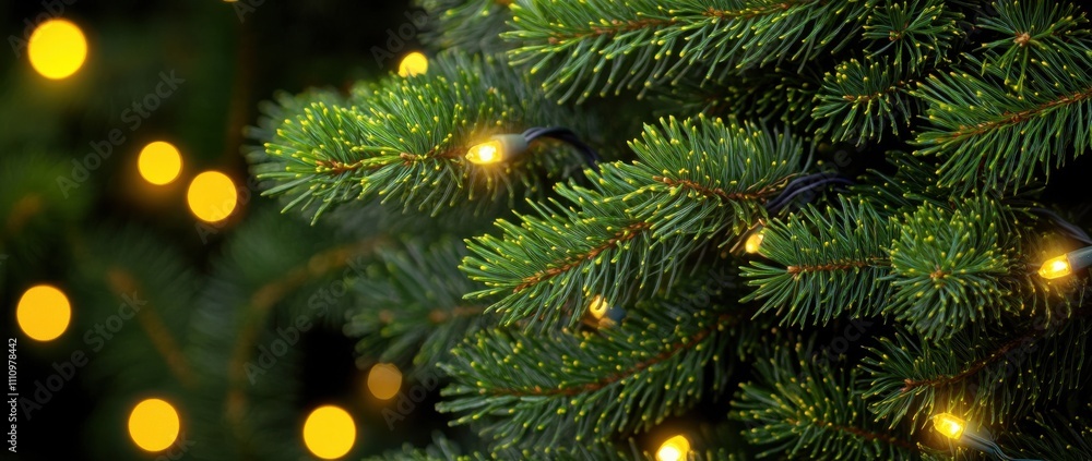 Beautifully lit evergreen branches adorned with warm lights create a cozy atmosphere during the holiday season in a festive setting Beautifully lit evergreen branches adorned with warm lights create a cozy atmosphere during the holiday season in a festive setting