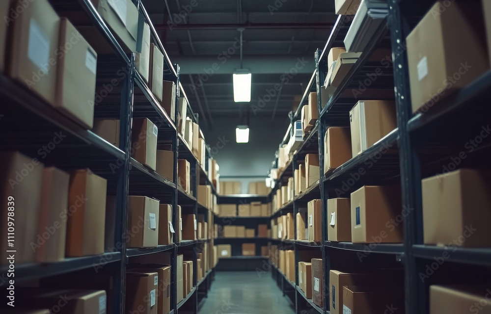 Abundant Shelves of Cardboard Boxes in a Warehouse Storage Space Captured with a Perspective View, Highlighting Organization and Inventory Management Abundant Shelves of Cardboard Boxes in a Warehouse Storage Space Captured with a Perspective View, Highlighting Organization and Inventory Management
