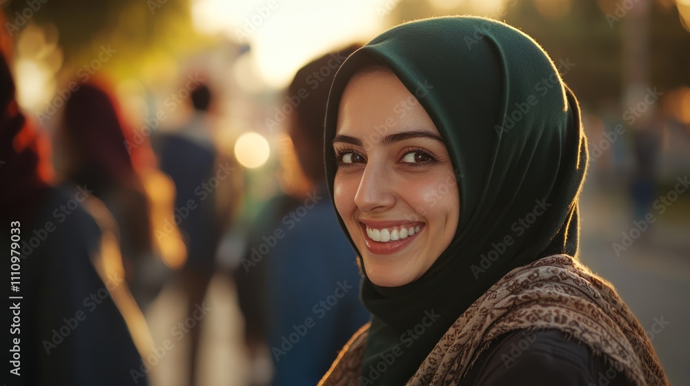 A smiling woman in a green hijab, surrounded by people outdoors. A smiling woman in a green hijab, surrounded by people outdoors.