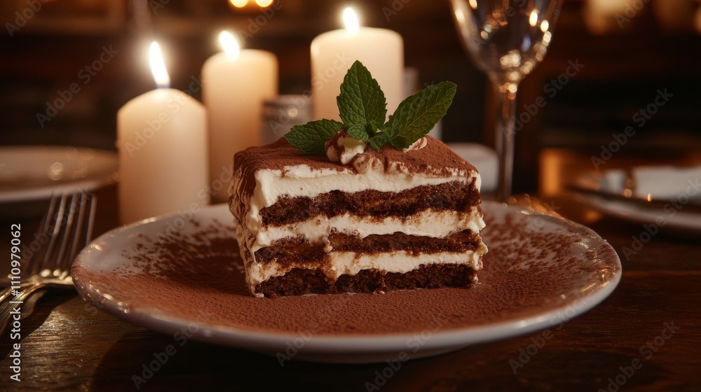 Photo of, A decadent slice of tiramisu layered with espresso-soaked ladyfingers and mascarpone cream, dusted with cocoa powder Photo of, A decadent slice of tiramisu layered with espresso-soaked ladyfingers and mascarpone cream, dusted with cocoa powder