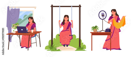 Indian girls lifestyle, work and leisure time set. Young beautiful female characters in red silk sari work with laptop at desk, make content for fashion blog, play on swing