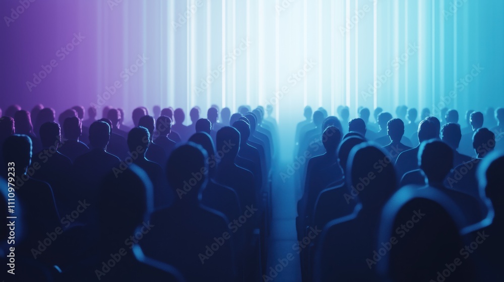 Obraz premium Silhouetted audience observing colorful light show in auditorium