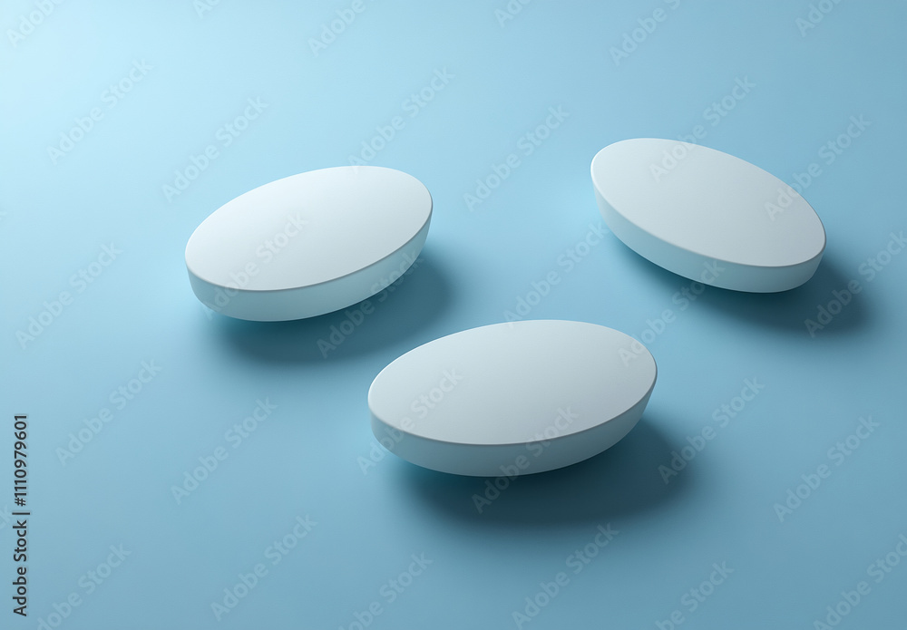 Smooth oval tablets arranged on a soft blue surface for a calming visual effect in a minimalistic style Smooth oval tablets arranged on a soft blue surface for a calming visual effect in a minimalistic style