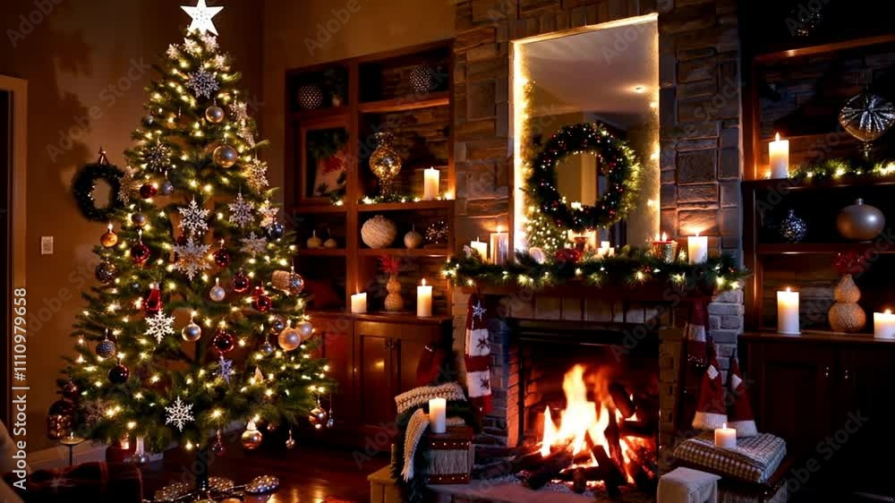 cozy room interior with christmas tree and candles and fireplace, christmas decoration cozy room interior with christmas tree and candles and fireplace, christmas decoration