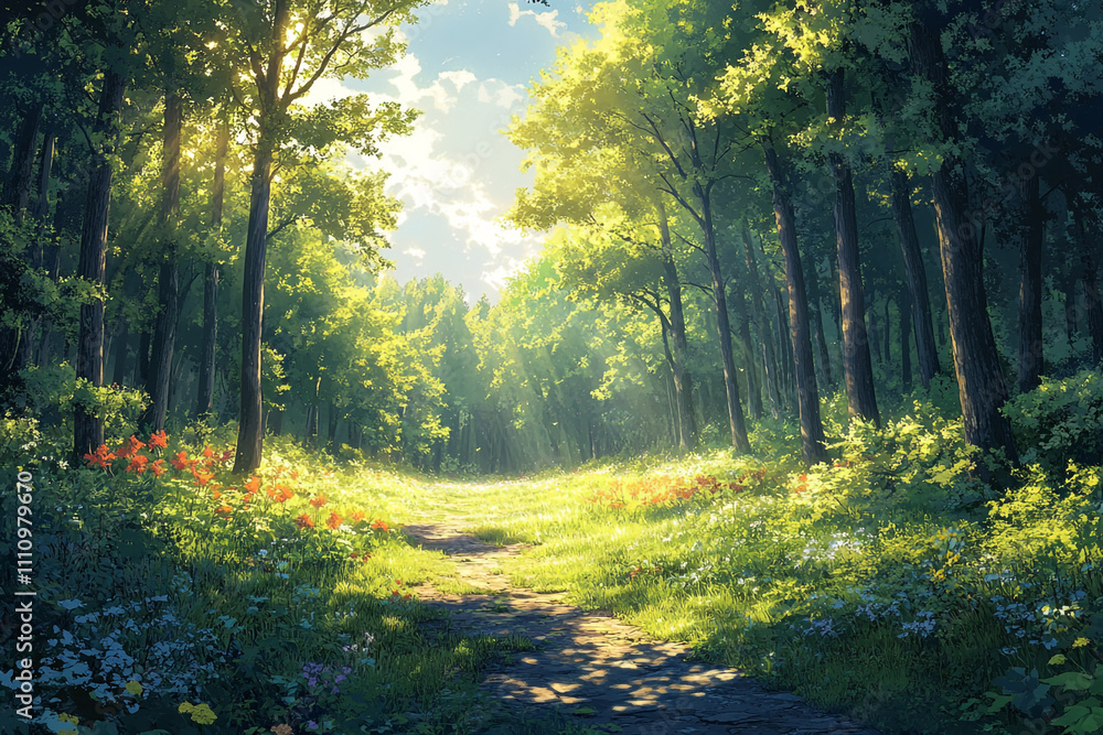 Sunlit Path Through A Lush Green Forest Sunlit Path Through A Lush Green Forest