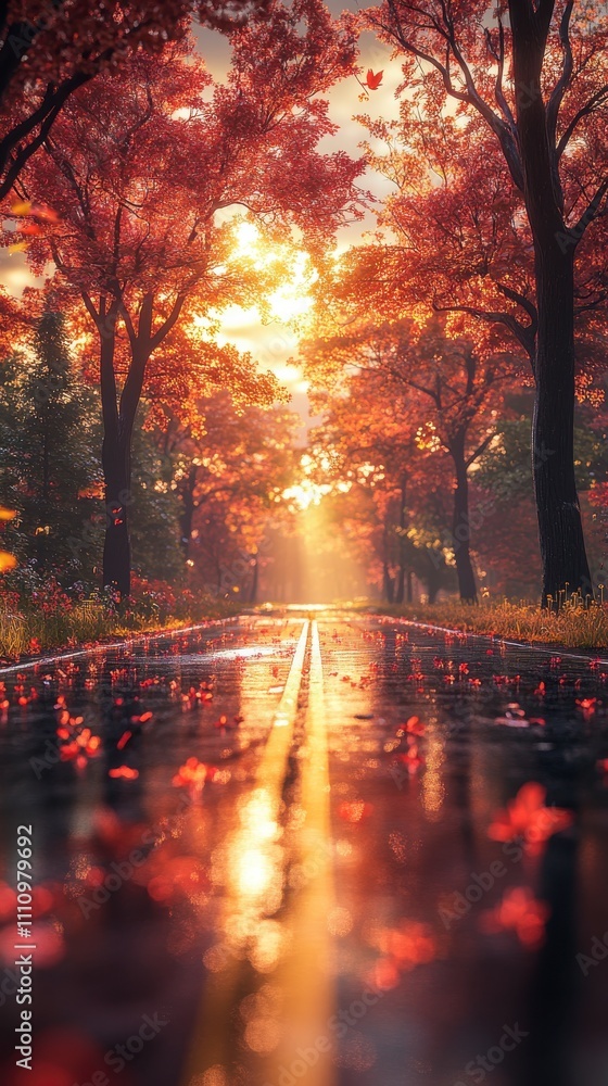 Autumnal Path: A Radiant Rain-Soaked Road Through a Colorful Forest Autumnal Path: A Radiant Rain-Soaked Road Through a Colorful Forest