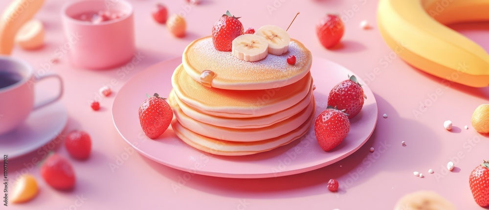 A delicious stack of pancakes topped with fruits on a pink plate. A delicious stack of pancakes topped with fruits on a pink plate.