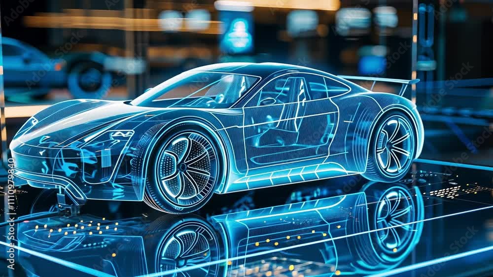 A holographic representation showcases futuristic car design for efficient manufacturing process in modern facility, highlighting intricate details and features A holographic representation showcases futuristic car design for efficient manufacturing process in modern facility, highlighting intricate details and features