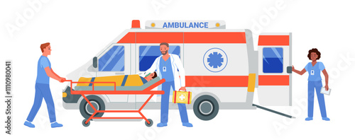 First aid to patient from ambulance team, urgent transportation to hospital. Paramedic employee, nurse and doctor transport man in oxygen mask on stretcher to emergency car cartoon vector illustration