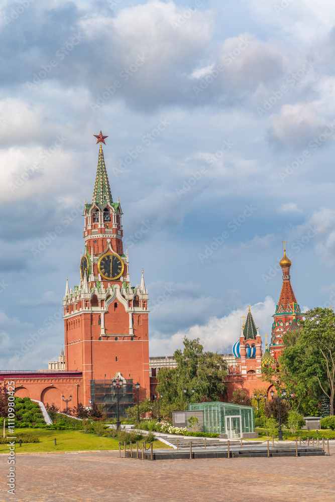 Spasskaya Tower viewed inside Kremlin, Moscow, Russia.
