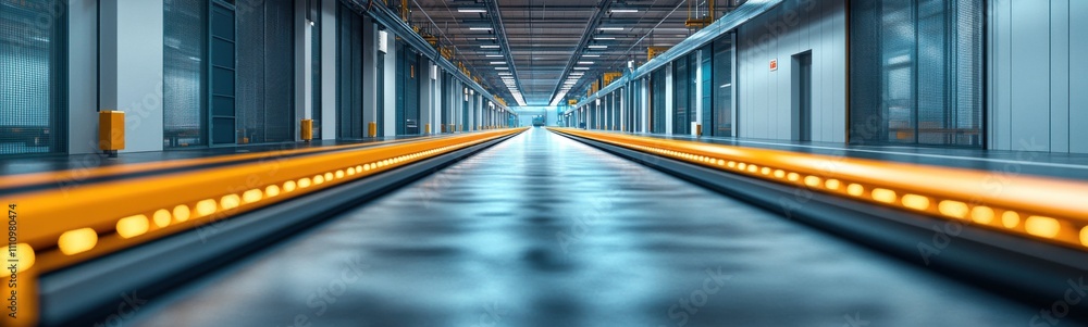 Fototapeta premium Long conveyor belt with yellow lights in a building