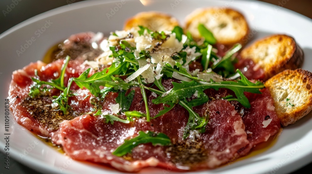 Photo of, A delectable plate of beef carpaccio drizzled with truffle oil and sprinkled with shaved Parmesan cheese and arugula, Carpaccio plate centered Photo of, A delectable plate of beef carpaccio drizzled with truffle oil and sprinkled with shaved Parmesan cheese and arugula, Carpaccio plate centered