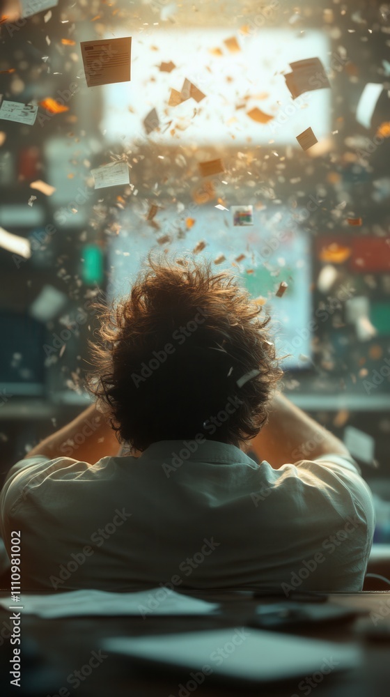 Overwhelmed Individual Surrounded by Chaos in Stock Analysis Environment Overwhelmed Individual Surrounded by Chaos in Stock Analysis Environment