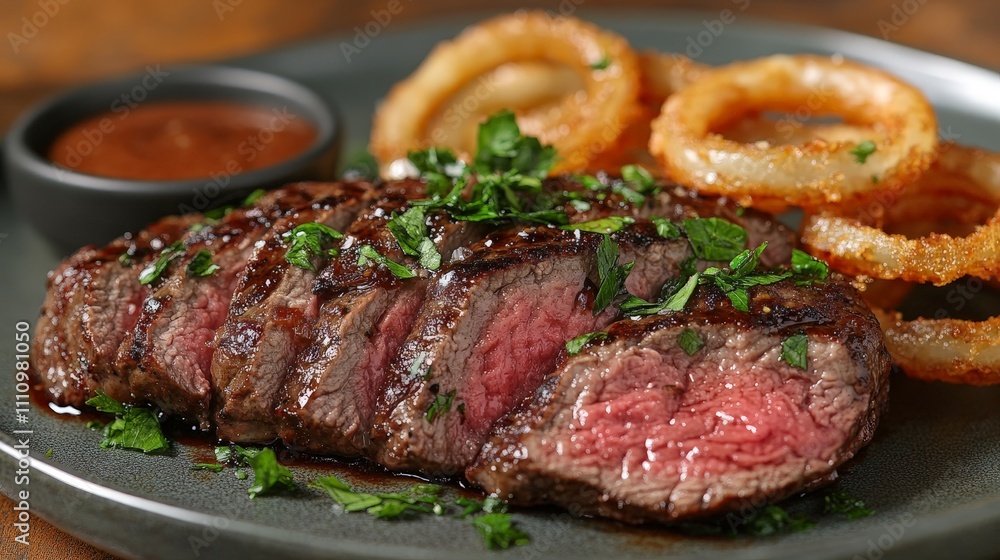 A juicy steak served with onion rings and a dipping sauce, garnished with herbs. A juicy steak served with onion rings and a dipping sauce, garnished with herbs.