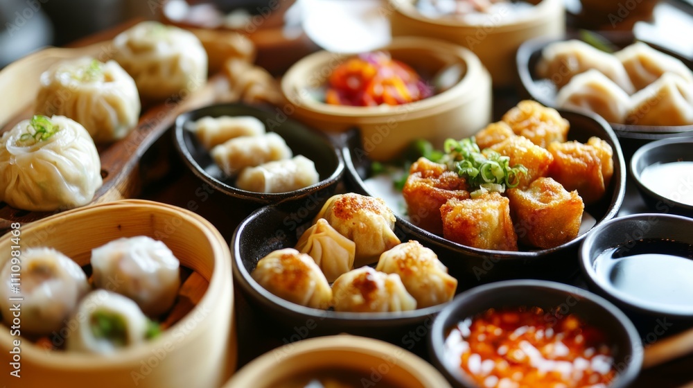 Photo of, A delectable platter of assorted dim sum including steamed dumplings, siu mai Photo of, A delectable platter of assorted dim sum including steamed dumplings, siu mai