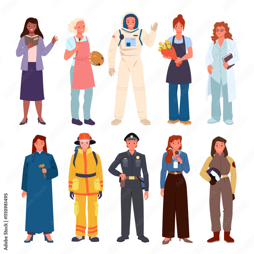 Women of different professions set. Diverse female workers in professional uniform, various strong and confident girls with career as businesswoman and teacher, astronaut cartoon vector illustration Women of different professions set. Diverse female workers in professional uniform, various strong and confident girls with career as businesswoman and teacher, astronaut cartoon vector illustration