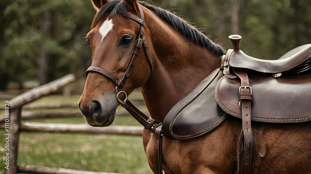 Fototapeta premium Close-up of brown horse with leather saddle in outdoor setting