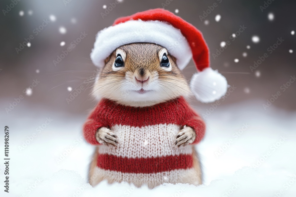Squirrel dressed in a Santa hat and red sweater enjoying a snowy winter day in a festive atmosphere Squirrel dressed in a Santa hat and red sweater enjoying a snowy winter day in a festive atmosphere