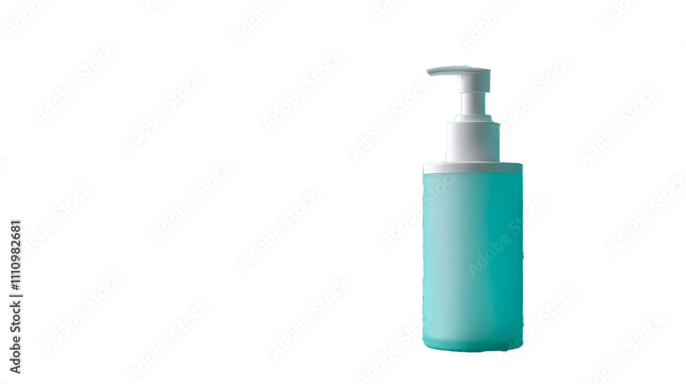 Clear turquoise bottle with a pump for liquid storage on a plain background Clear turquoise bottle with a pump for liquid storage on a plain background