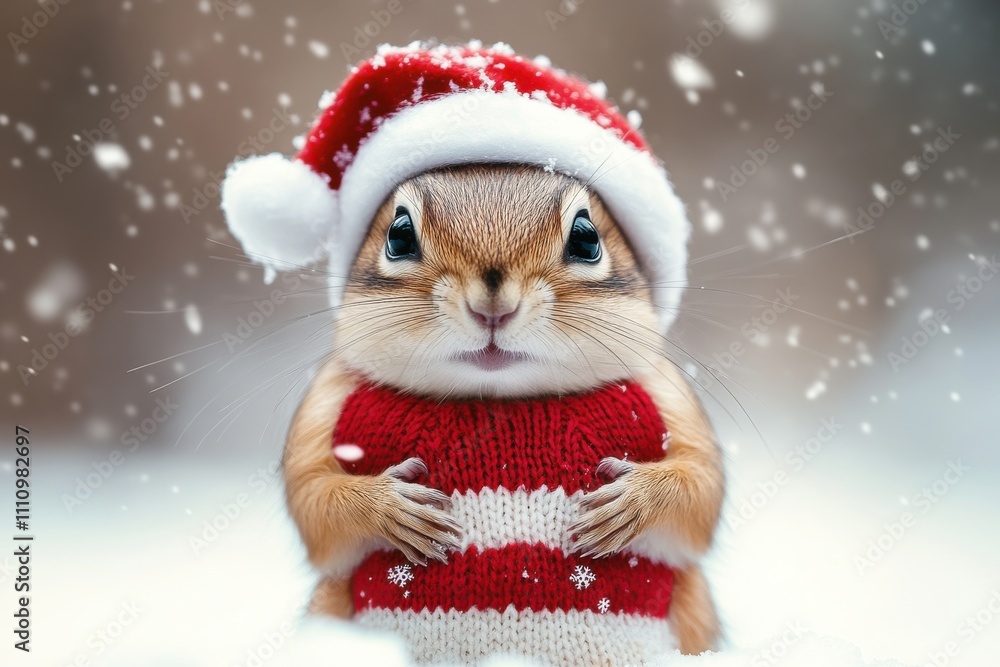 Festively dressed squirrel wearing a red and white sweater with a Santa hat in a snowy winter landscape surrounded by falling snowflakes Festively dressed squirrel wearing a red and white sweater with a Santa hat in a snowy winter landscape surrounded by falling snowflakes
