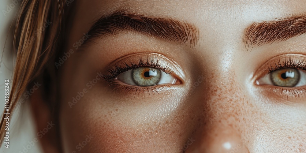 Fototapeta premium Close-up view of captivating green eyes with subtle makeup and natural freckles showcasing unique beauty and expression