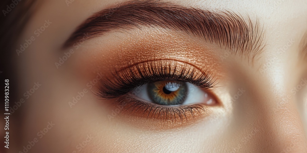 Fototapeta premium Close-up view of a woman's eye showcasing intricate makeup details with a gold and bronze color palette