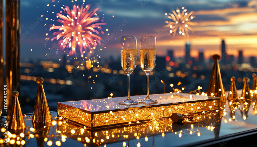 New year champagne product display podium mock up background, clear glass with gold trim, rooftop bar overlooking a bustling city, colourful fireworks, New Year’s Eve celebration, ad, podium platform New year champagne product display podium mock up background, clear glass with gold trim, rooftop bar overlooking a bustling city, colourful fireworks, New Year’s Eve celebration, ad, podium platform