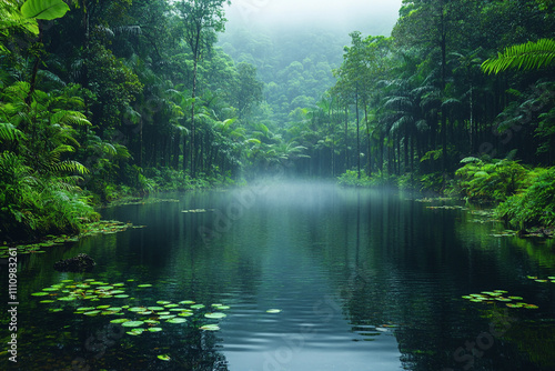 Serene Mist Shrouded Rainforest Pond Tranquility