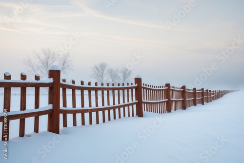 Snow-Covered Wooden Fence in Winter Landscape 