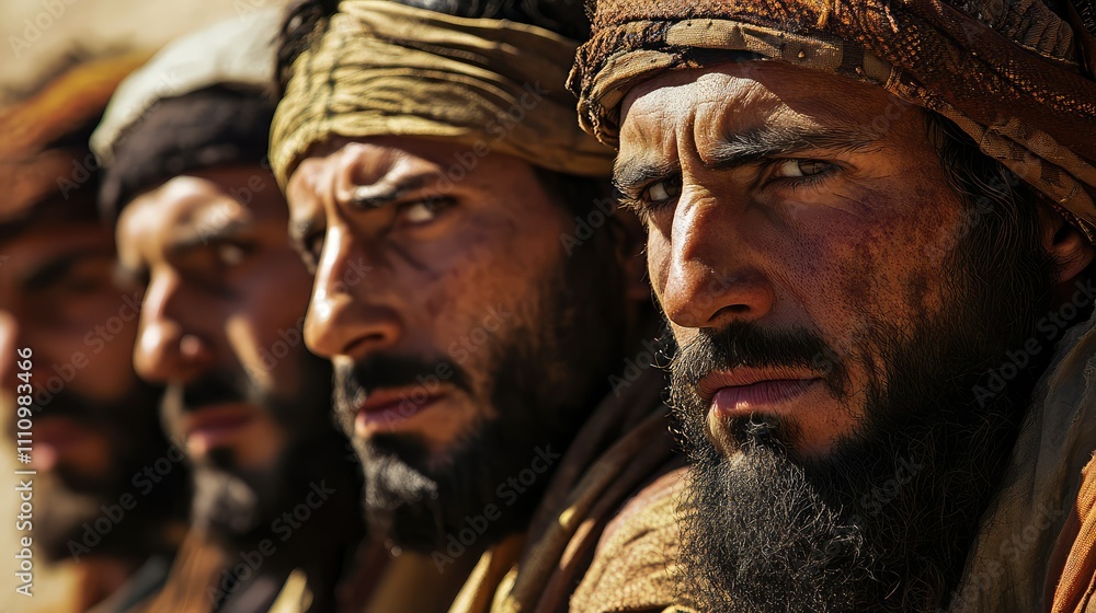Group of Men from the Desert with Intense Expressions Showcasing Cultural Heritage and Tradition in an Arid Landscape Group of Men from the Desert with Intense Expressions Showcasing Cultural Heritage and Tradition in an Arid Landscape