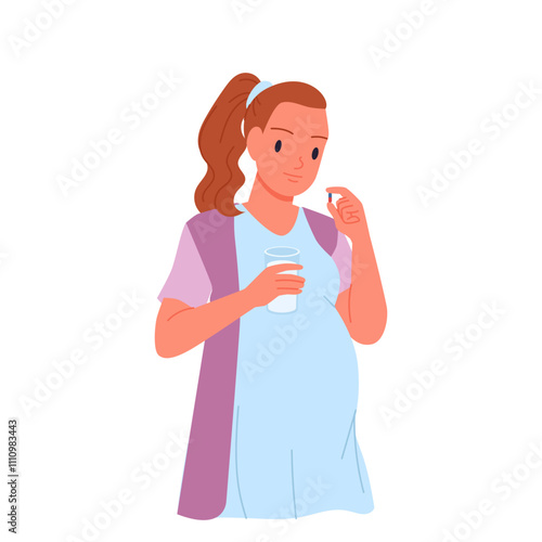 Pregnant woman taking pill. Female patient character holding capsule and glass of water to drink and swallow tablet, to take drug or vitamin therapy at doctors prescription cartoon vector illustration