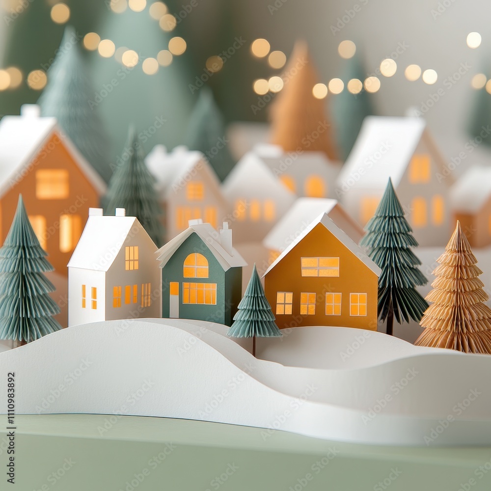 Obraz premium Charming Festive Paper Cut Village with Glowing Windows and Trees