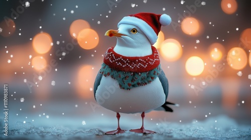 Festively dressed seagull wearing a winter hat and scarf amidst snowflakes and glowing holiday lights photo