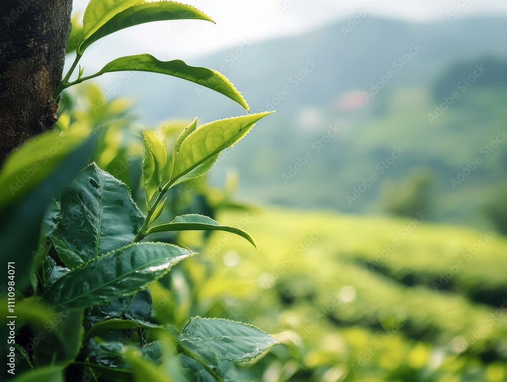 Fototapeta premium Close-up view of fresh tea leaves in a lush plantation in the hills during a sunny afternoon highlighting nature's beauty