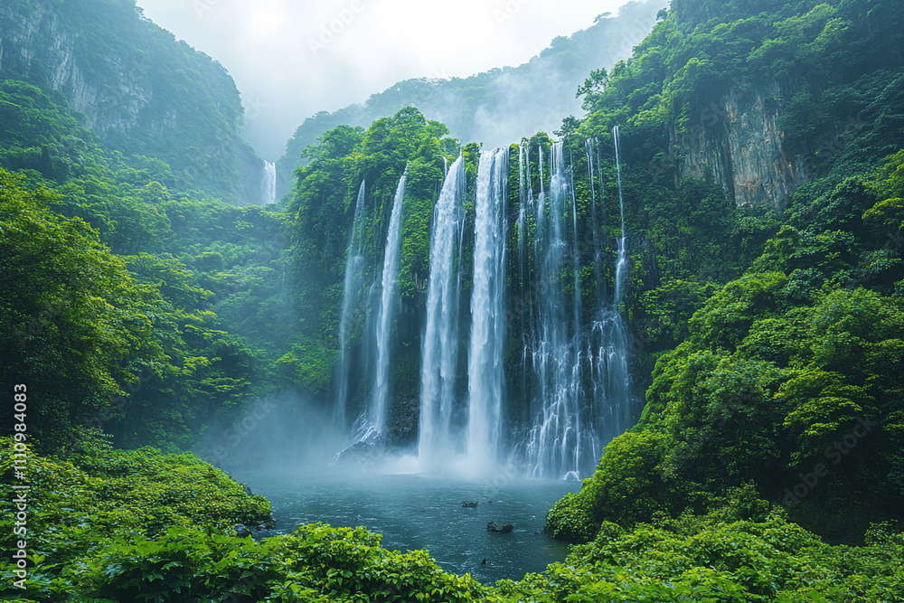 Fototapeta premium Majestic Waterfall Cascading Down Lush Green Cliffs