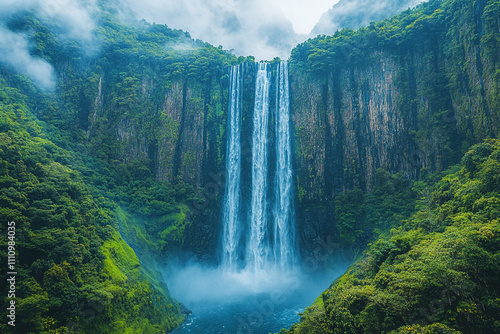 Majestic Waterfall Cascading Down Lush Green Cliffs