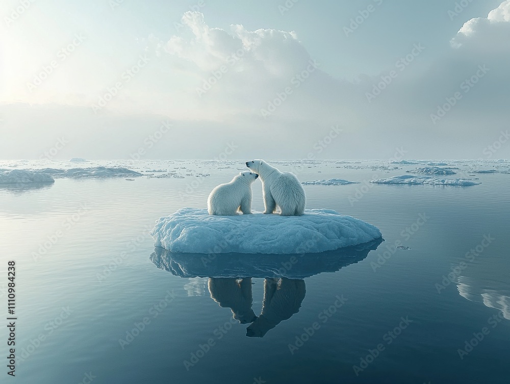 Fototapeta premium Polar bears rest on an ice floe surrounded by a tranquil sea at dawn, showcasing their bond and the serene beauty of the Arctic environment