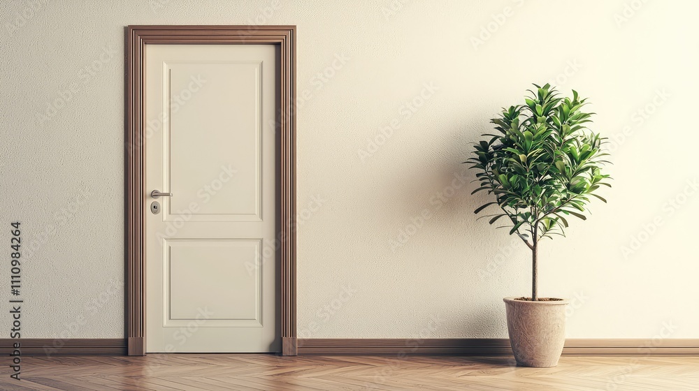 Elegant Interior Scene Featuring a Closed White Door and Lush Green Potted Plant in a Minimalistic Room with Soft Natural Light and Warm Wood Floor Elegant Interior Scene Featuring a Closed White Door and Lush Green Potted Plant in a Minimalistic Room with Soft Natural Light and Warm Wood Floor