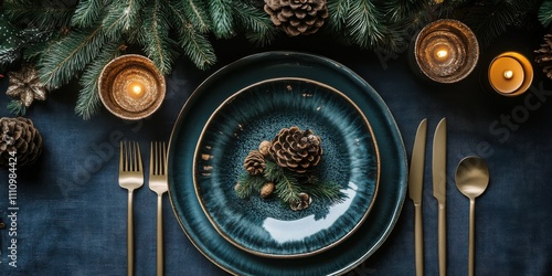 Elegant holiday dinner setting featuring pinecones, greenery, and candlelight on a dark tablecloth with gold cutlery and blue ceramic plates photo