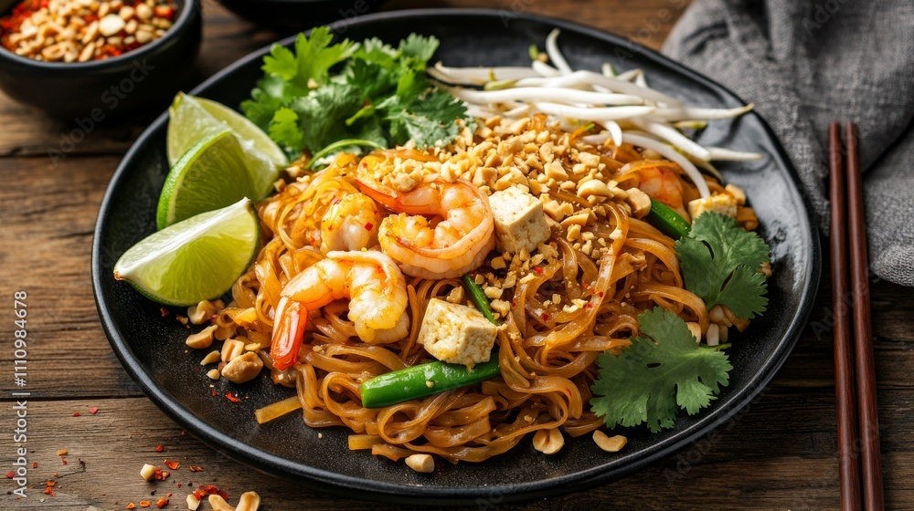Photo of, A delightful plate of shrimp pad Thai noodles with tofu, bean sprouts Photo of, A delightful plate of shrimp pad Thai noodles with tofu, bean sprouts